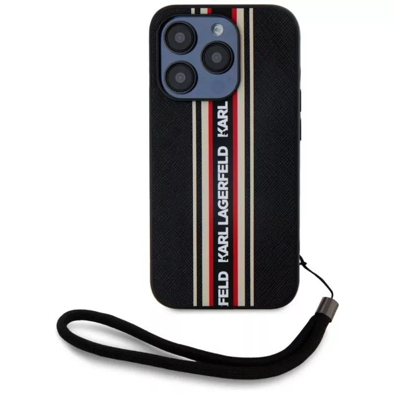KARL LAGERFELD Saffiano Athleisure Stripes Cord case voor iPhone 15 Pro Max, zwart/rood