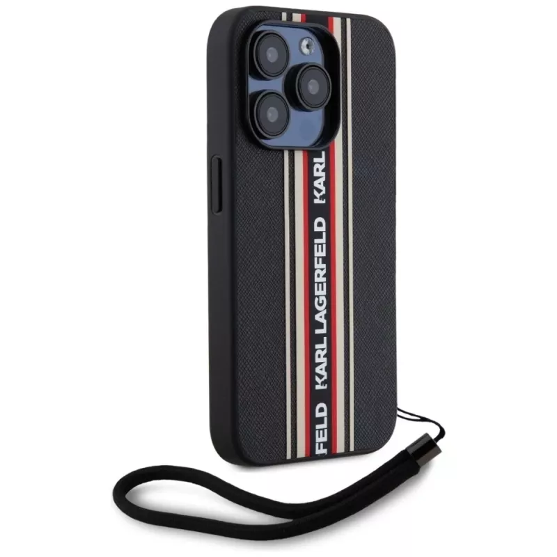 KARL LAGERFELD Saffiano Athleisure Stripes Cord case voor iPhone 15 Pro Max, zwart/rood