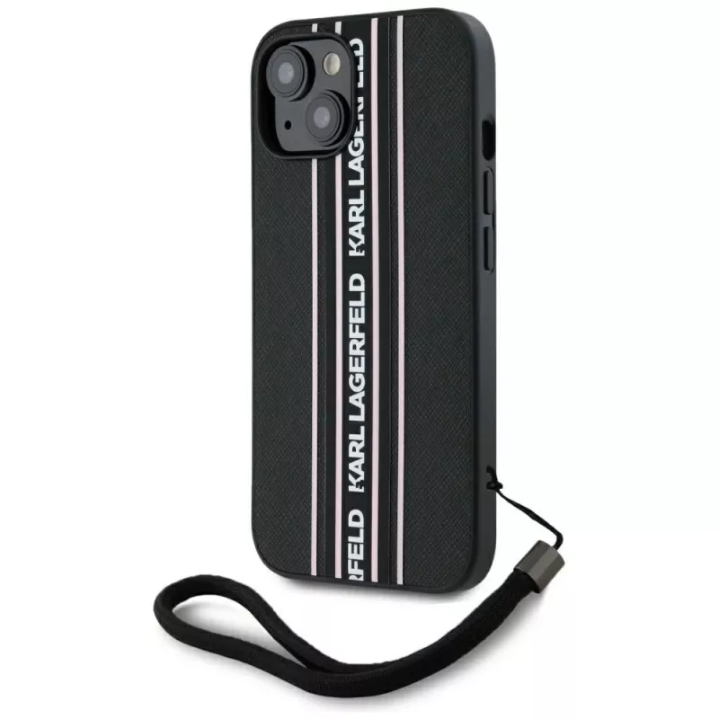 Karl Lagerfeld Saffiano Athleisure Stripes Cord case voor iPhone 15, zwart-roze