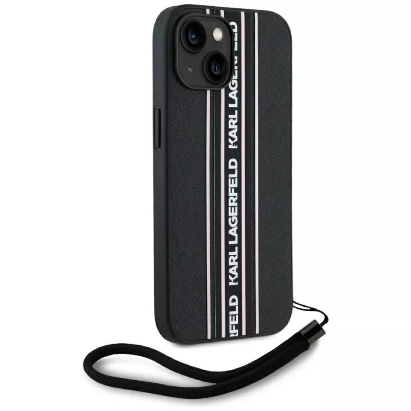 Karl Lagerfeld Saffiano Athleisure Stripes Cord case voor iPhone 15, zwart-roze