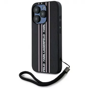 KARL LAGERFELD Saffiano Athleisure Stripes Cord case voor iPhone 15 Pro, zwart/roze