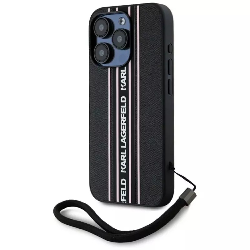 KARL LAGERFELD Saffiano Athleisure Stripes Cord case voor iPhone 15 Pro, zwart/roze