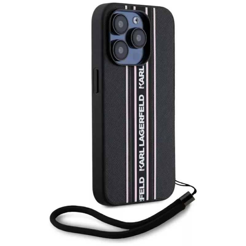 KARL LAGERFELD Saffiano Athleisure Stripes Cord case voor iPhone 15 Pro, zwart/roze