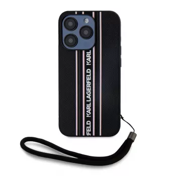 Karl Lagerfeld Saffiano Athleisure Stripes Cord case voor iPhone 15 Pro Max zwart roze