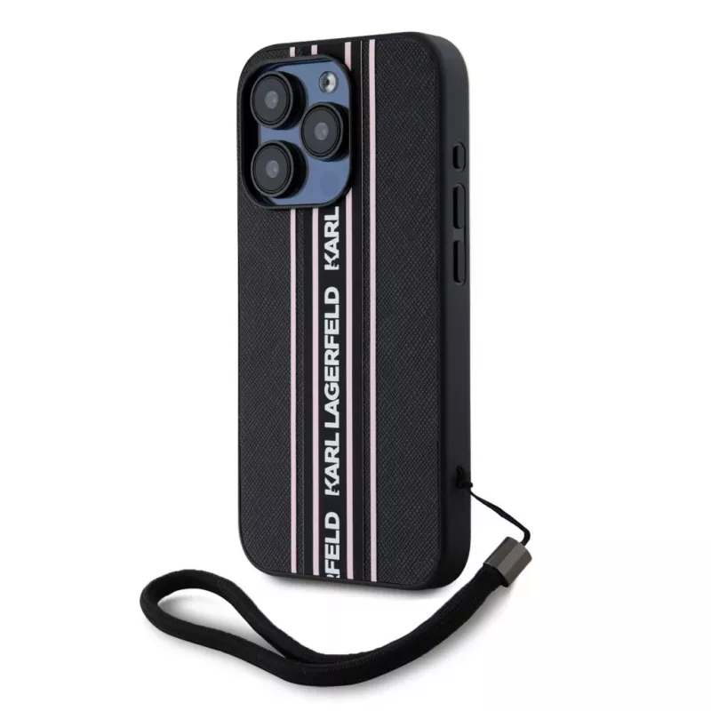 Karl Lagerfeld Saffiano Athleisure Stripes Cord case voor iPhone 15 Pro Max zwart roze