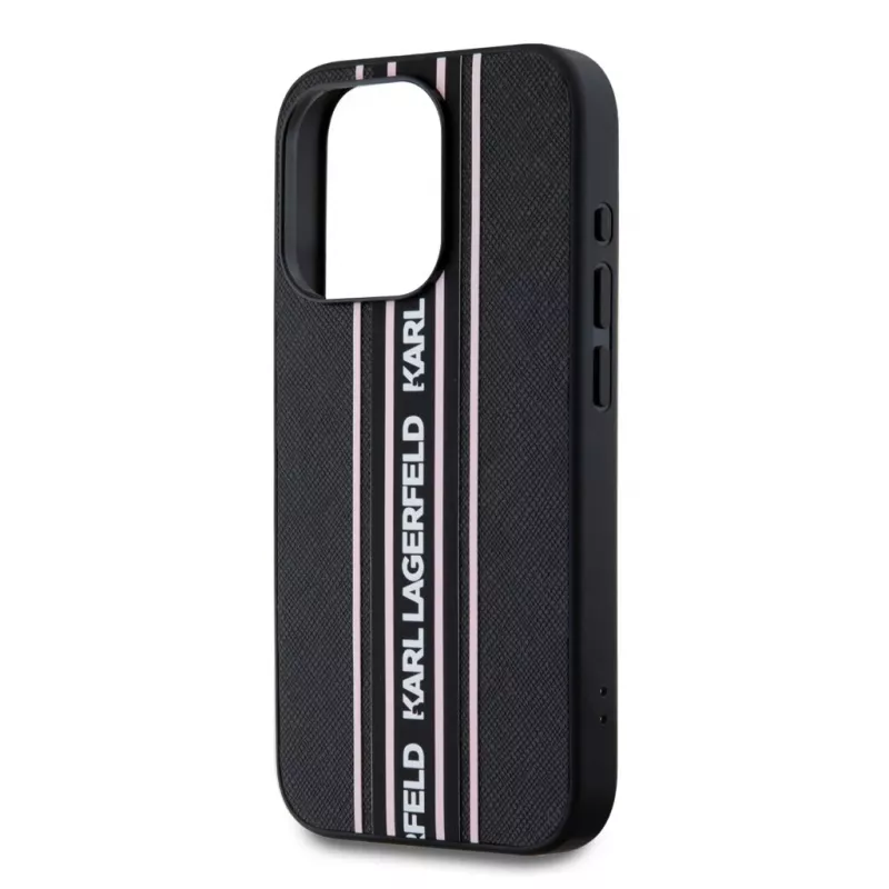 Karl Lagerfeld Saffiano Athleisure Stripes Cord case voor iPhone 15 Pro Max zwart roze