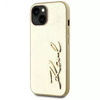 KARL LAGERFELD Wrinkled Metal Signature telefoonhoes voor iPhone 15, goud