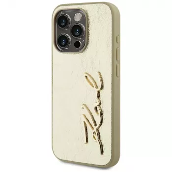 KARL LAGERFELD Wrinkled Metal Signature case voor iPhone 15 Pro - goud