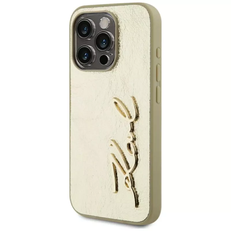 KARL LAGERFELD Wrinkled Metal Signature case voor iPhone 15 Pro - goud