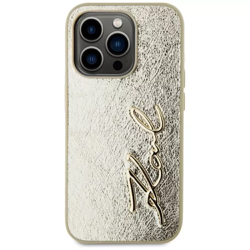 KARL LAGERFELD Wrinkled Metal Signature case voor iPhone 15 Pro - goud