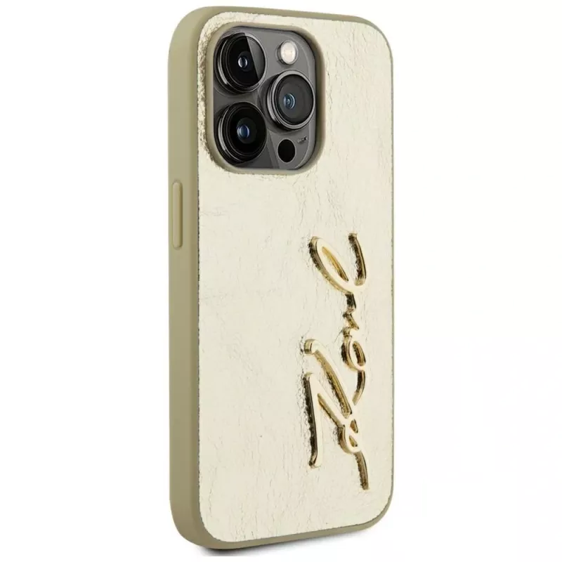 KARL LAGERFELD Wrinkled Metal Signature case voor iPhone 15 Pro - goud