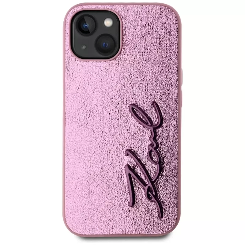KARL LAGERFELD Wrinkled Metal Signature back cover voor Apple iPhone 15, roze