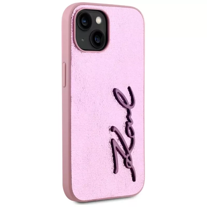 KARL LAGERFELD Wrinkled Metal Signature back cover voor Apple iPhone 15, roze