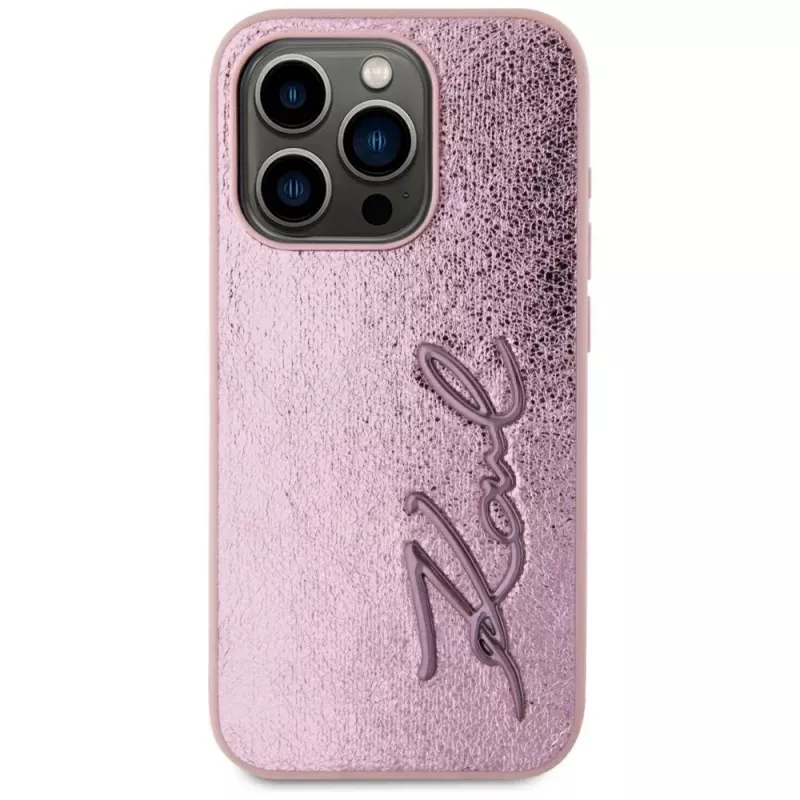 Karl Lagerfeld Wrinkled Metal Signature case voor iPhone 15 Pro, roze