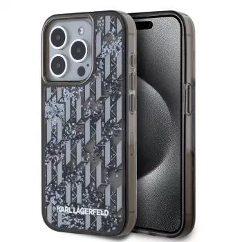 KARL LAGERFELD Liquid Glitter Monogram Gradient back cover voor Apple iPhone 15 Pro, zwart