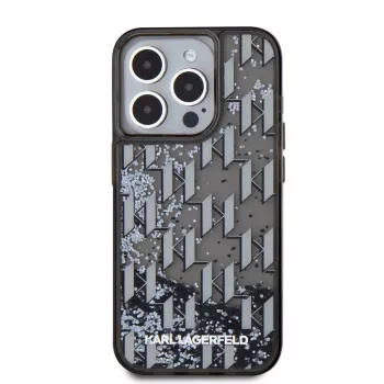 KARL LAGERFELD Liquid Glitter Monogram Gradient back cover voor Apple iPhone 15 Pro, zwart