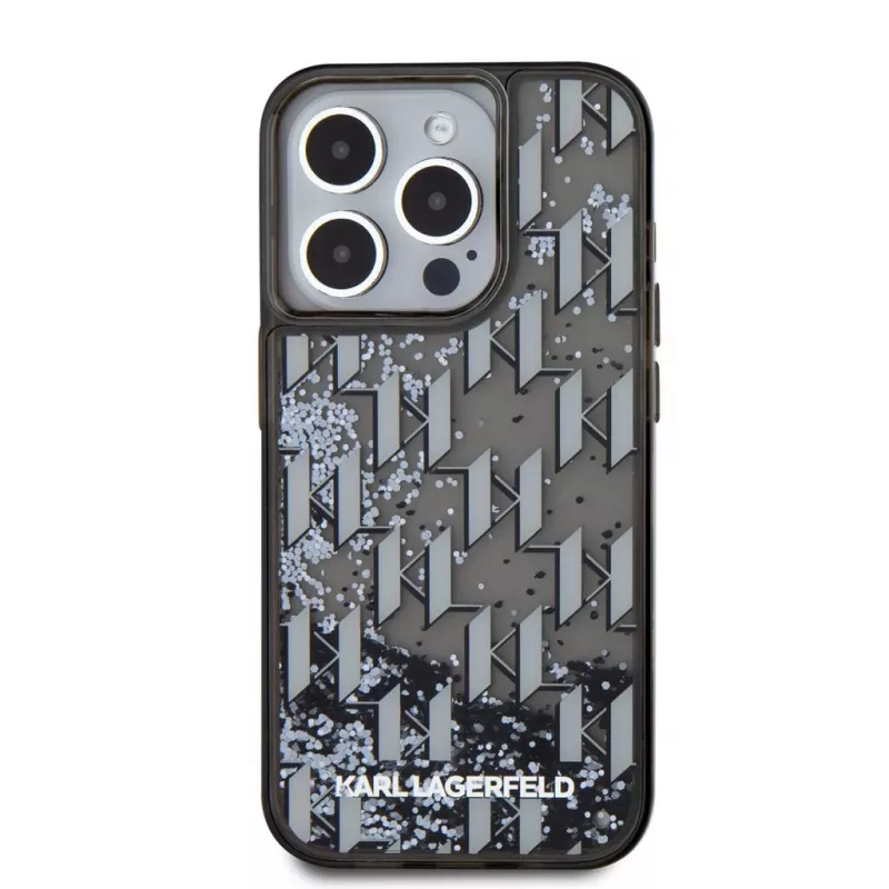 KARL LAGERFELD Liquid Glitter Monogram Gradient back cover voor Apple iPhone 15 Pro, zwart