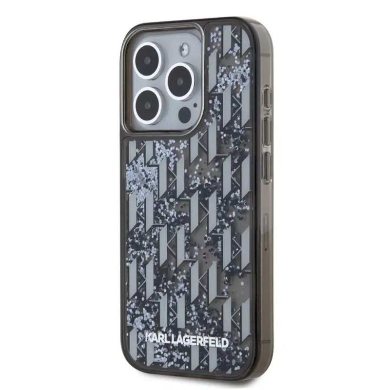 KARL LAGERFELD Liquid Glitter Monogram Gradient back cover voor Apple iPhone 15 Pro, zwart