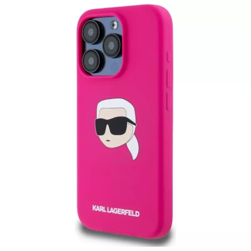 Karl Lagerfeld iPhone 15 Pro 6,1 inch siliconen hardcase met Karl-hoofdprint, MagSafe - fuchsia
