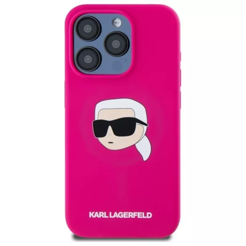 Karl Lagerfeld iPhone 15 Pro 6,1 inch siliconen hardcase met Karl-hoofdprint, MagSafe - fuchsia