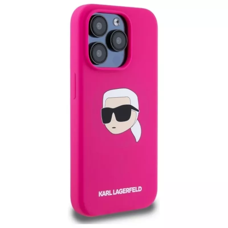 Karl Lagerfeld iPhone 15 Pro 6,1 inch siliconen hardcase met Karl-hoofdprint, MagSafe - fuchsia