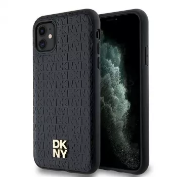 DKNY DKHMN61PSHRPSK iPhone 11 / XR 6,1 inch zwart hardcase leer monogrampatroon metaallogo MagSafe