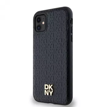 DKNY DKHMN61PSHRPSK iPhone 11 / XR 6,1 inch zwart hardcase leer monogrampatroon metaallogo MagSafe