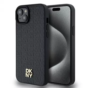 DKNY DKHMP15SPSHRPSK hardcase voor iPhone 15/14/13 6,1 inch zwart leerlook metaallogo MagSafe