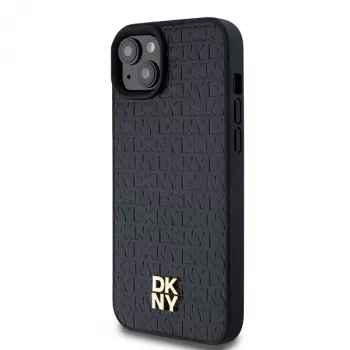DKNY DKHMP15SPSHRPSK hardcase voor iPhone 15/14/13 6,1 inch zwart leerlook metaallogo MagSafe