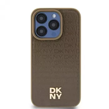 DKNY DKHMP14SPSHRPSW hardcase voor iPhone 14/15/13, bruin leerdesign met metaallogo, MagSafe