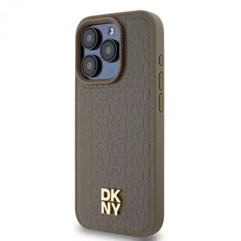 DKNY DKHMP14LPSHRPSW Hardcase voor Apple iPhone 14 Pro 6,1 inch bruin lederlook met metaallogo MagSafe