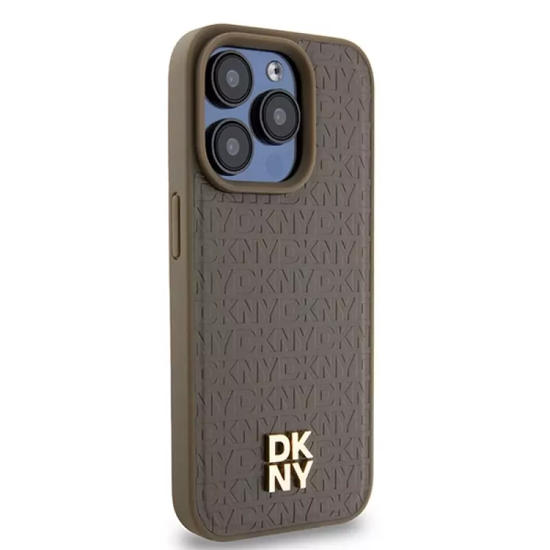DKNY DKHMP14XPSHRPSW Hard Case voor iPhone 14 Pro Max 6,7 inch bruin lederlook met metaallogo MagSafe
