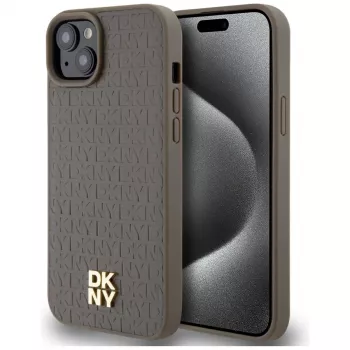 DKNY DKHMP15SPSHRPSW iPhone 15 / 14 / 13 6,1 inch hardcase bruin lederlook metaallogo MagSafe