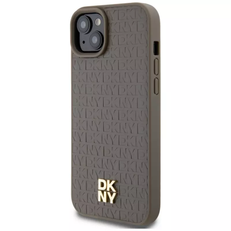 DKNY DKHMP15SPSHRPSW iPhone 15 / 14 / 13 6,1 inch hardcase bruin lederlook metaallogo MagSafe