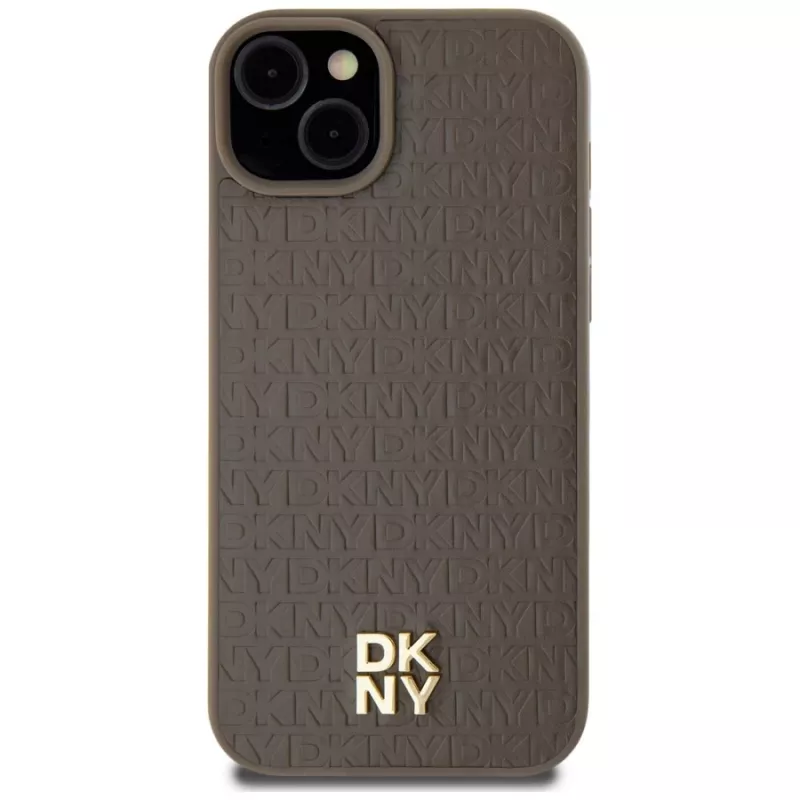 DKNY DKHMP15SPSHRPSW iPhone 15 / 14 / 13 6,1 inch hardcase bruin lederlook metaallogo MagSafe