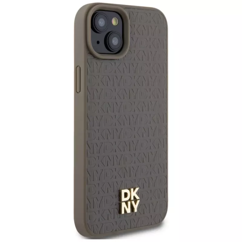 DKNY DKHMP15SPSHRPSW iPhone 15 / 14 / 13 6,1 inch hardcase bruin lederlook metaallogo MagSafe