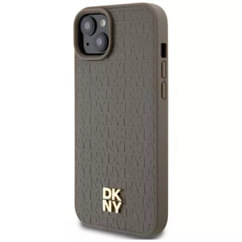 DKNY DKHMP15MPSHRPSW hardcase met lederlook en metaallogo, MagSafe voor iPhone 15 Plus / 14 Plus 6,7 inch bruin