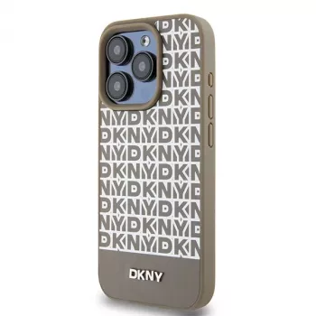 DKNY DKHMP15LPSOSPW iPhone 15 Pro 6,1 inch hardcase leder bedrukt patroon bruin met metaallogo MagSafe