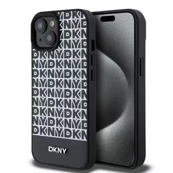 DKNY DKHMP15SPSOSPK hardcase voor Apple iPhone 15 / 14 / 13 6,1 inch zwart leer met printpatroon en metaallogo MagSafe