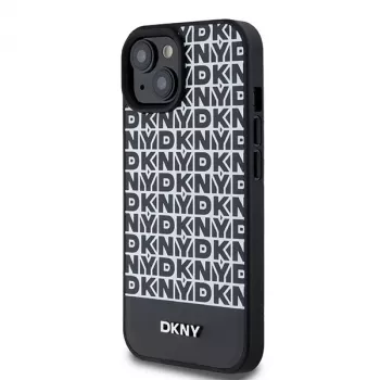 DKNY DKHMP15SPSOSPK hardcase voor Apple iPhone 15 / 14 / 13 6,1 inch zwart leer met printpatroon en metaallogo MagSafe