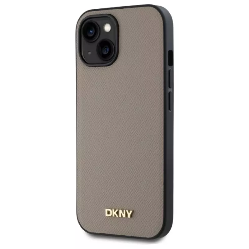 DKNY DKHMP15SPGHLME hardcase voor Apple iPhone 15 6,1 inch beige grained metaallogo MagSafe
