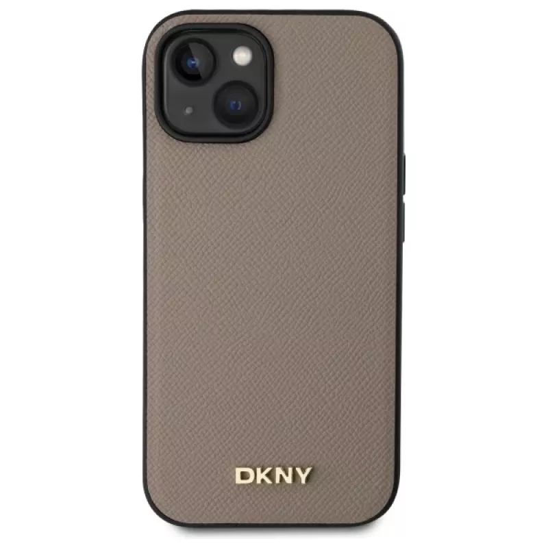 DKNY DKHMP15SPGHLME hardcase voor Apple iPhone 15 6,1 inch beige grained metaallogo MagSafe