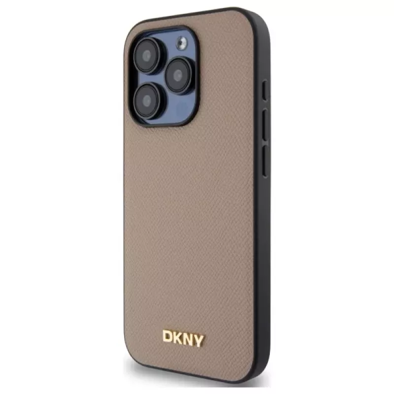 DKNY DKHMP15XPGHLME hardcase voor Apple iPhone 15 Pro Max 6,7 inch beige grained metaallogo MagSafe