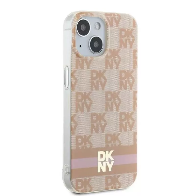 DKNY DKHMP15SHCPTSP Hardcase voor iPhone 15 / 14 / 13 6,1 inch roze Checkered Mono Pattern & Printed Stripes MagSafe