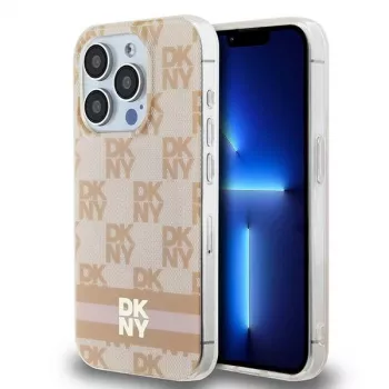 DKNY DKHMP15XHCPTSP Hardcase voor Apple iPhone 15 Pro Max, Roze Checkered Mono Pattern & Printed Stripes, MagSafe-compatibel