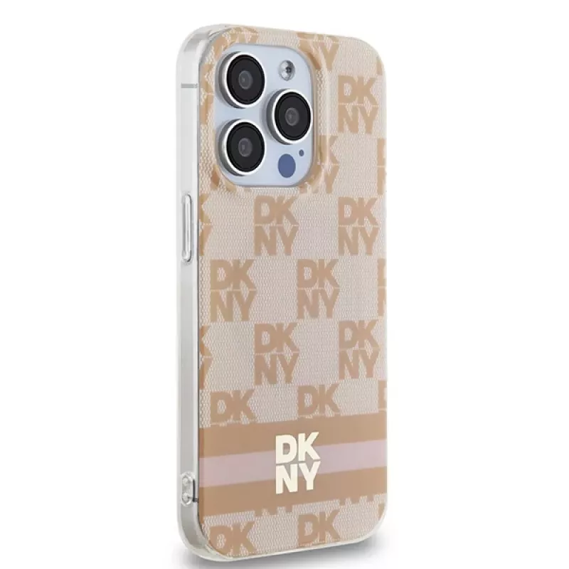 DKNY DKHMP15XHCPTSP Hardcase voor Apple iPhone 15 Pro Max, Roze Checkered Mono Pattern & Printed Stripes, MagSafe-compatibel