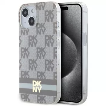 DKNY DKHMP15MHCPTSE hardcase voor iPhone 15 Plus / 14 Plus 6,7 inch beige geruit monochroom patroon & bedrukte strepen MagSafe