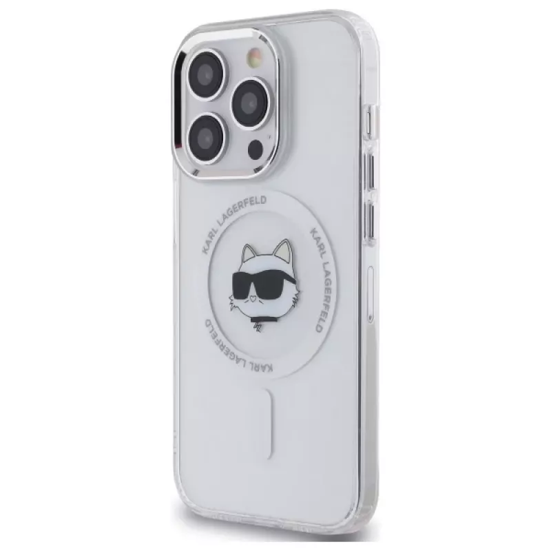 Karl Lagerfeld KLHMP14LHLSCHH iPhone 14 Pro 6.1 Hardcase IML Metaal Choupette Head MagSafe Wit