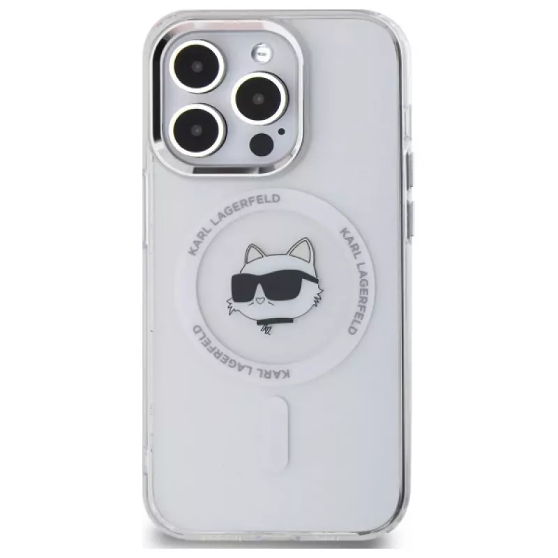 Karl Lagerfeld KLHMP14LHLSCHH iPhone 14 Pro 6.1 Hardcase IML Metaal Choupette Head MagSafe Wit