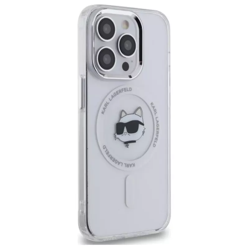 Karl Lagerfeld KLHMP14LHLSCHH iPhone 14 Pro 6.1 Hardcase IML Metaal Choupette Head MagSafe Wit